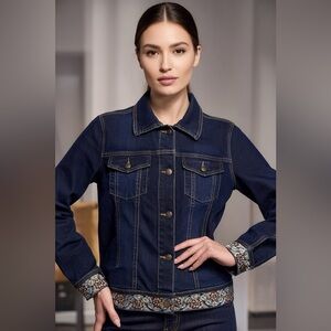 Diane Gilman Dark Classic Denim Jacket with colorful embroidered hem and cuffs